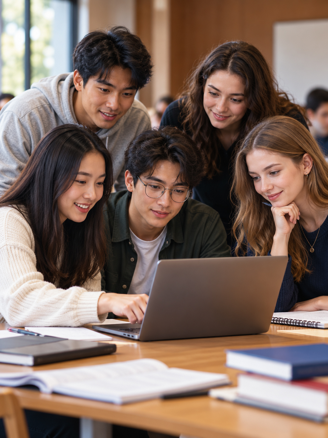 Asian and European university students collaborating around a laptop